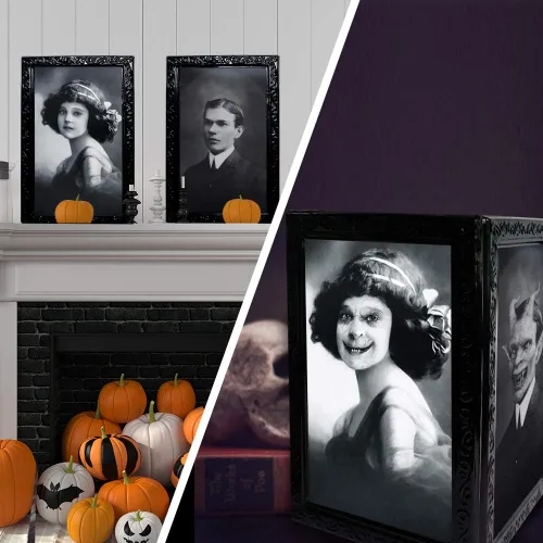 Vista 3 de YBB Paquete de 3 marcos de fotos en movimiento de Halloween, retrato de terror de cara cambiante en 3D, decoración aterradora para el hogar, fiesta