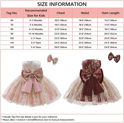Vista 6 de Vestido de tul de encaje bordado con lazo para bebé, para cumpleaños, concurso, boda, fiesta de Navidad, tutú con clip para el cabello