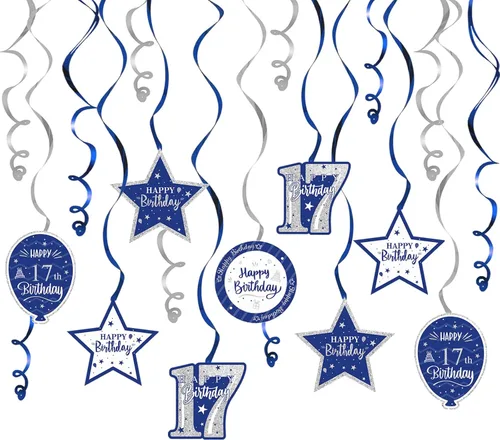 Vista 12 de Decoración de fiesta de serpentinas con purpurina azul y plateada de feliz 11º cumpleaños, 15 piezas de remolinos colgantes de 11 cumpleaños, cartel
