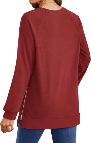 Vista 4 de OFEEFAN Sudaderas de manga larga para mujer, cuello redondo con cremallera lateral 2023