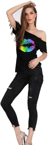 Vista 21 de MAGICMK - Camiseta casual para mujer, con estampado de labios y hombro descubierto, talla extragrande