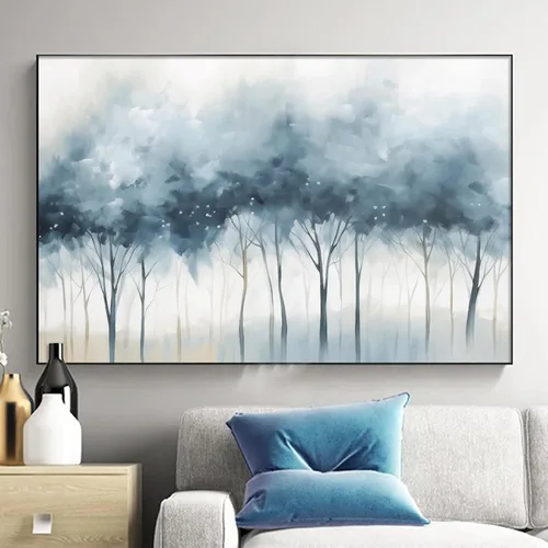 Vista 3 de Lienzo de bosque azul para pared, pintura de árbol, póster azul abstracto azul y gris, imágenes abstractas de bosque azul y gris, pintura azul