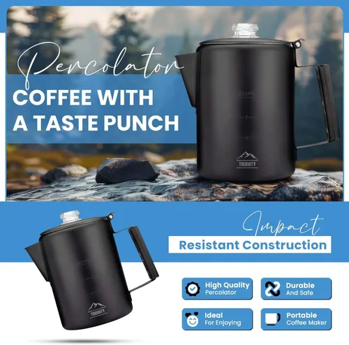 Vista 2 de Cafetera Percoladora Toughty Yosemite – Cafetera Clásica de Estufa para Acampar, Senderismo y Hogar, Olla Duradera de Acero Inoxidable, Compatible
