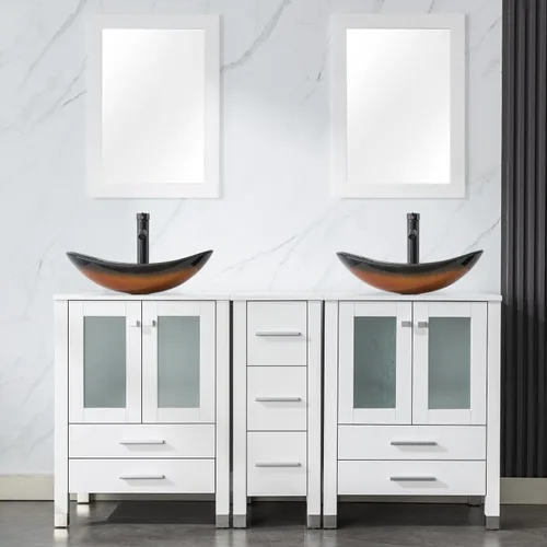 Vista 30 de LUCKWIND 60" Double 24" Bathroom Vanity with Sink Combo, Elegant Series with One 12.6-in Side Cabinet, Painted Frame, Including Tempered Glass Round