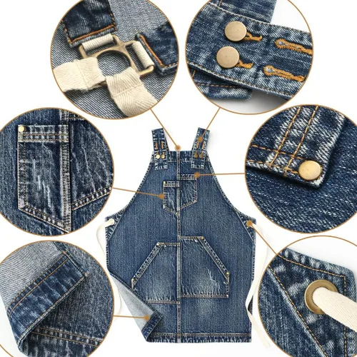Vista 3 de Jeanerlor - Delantal de mezclilla con 4 bolsillos para mujeres y hombres - Estilo lavado correas cruzadas en la espalda y ajustable S a XXXL, Azul