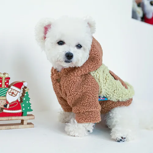 Vista 3 de Suéter de sherpa con capucha para perro pequeño, abrigo de forro polar cómodo y suave con capucha para clima frío, ropa cálida para perros pequeños