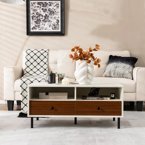 Vista 2 de Giantex Mesa auxiliar rectangular de madera, mesa central moderna de 2 niveles con 2 cajones, 2 estantes de almacenamiento, fácil montaje, soporte