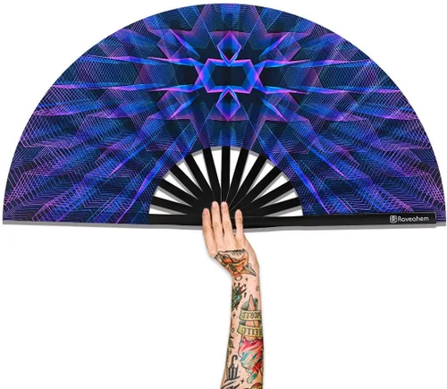 Vista 19 de Abanico Plegable Grande, Abanico Rave Clack de 13 Pulgadas, Abanico de Mano para Mujeres y Hombres con Tela de Satén Premium, Marco de Bambú Grueso