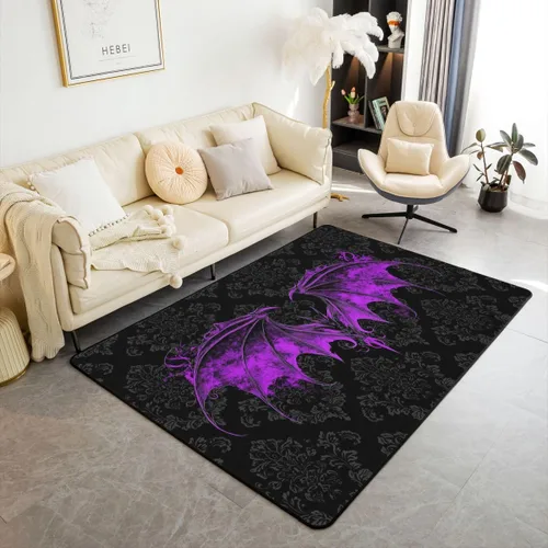 Vista 13 de Erosebridal Alfombra gótica de 3 x 5 pies, estilo bohemio, damasco, murciélago, sala de estar, antideslizante, negro, gris, azul, alfombra gótica