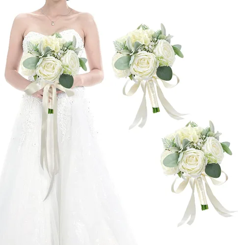 Vista 40 de Ramos de novia bohemios para boda, ramos de 9 pulgadas de flores artificiales para decoraciones de centro de mesa de ceremonia y aniversario, rosas