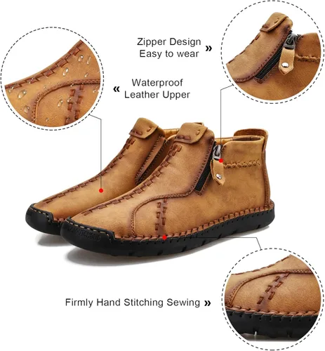 Vista 4 de Govicta Zapatos casuales de cuero para hombre, botines chukka sin cordones, mocasines ligeros de media parte superior para caminar, zapatos