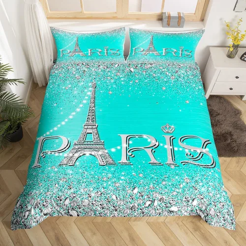 Vista 18 de Erosebridal Funda de edredón de la Torre Eiffel para niñas, juego de ropa de cama romántica de París azul, negro y blanco, funda de edredón
