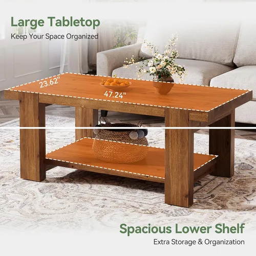 Vista 6 de Mesa de centro de madera maciza con estante de almacenamiento de 2 niveles, mesa central rectangular de granja de 47.2 pulgadas para sala de estar