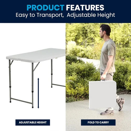 Vista 9 de Flash Furniture Mesa rectangular de plástico plegable de 4 pies con patas ajustables y asa de transporte, mesa de banquete portátil biplegable