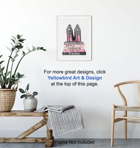 Vista 6 de Póster artístico de pared con diseño de zapatos de diseñador rosa y negro, decoración glamorosa para el hogar, decoración de pared glamorosa