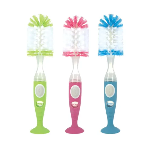 Vista 6 de Nuby Cepillo para botella de cerdas suaves y duraderas con asas texturizadas y base de succión, sistema 2 en 1, color azul