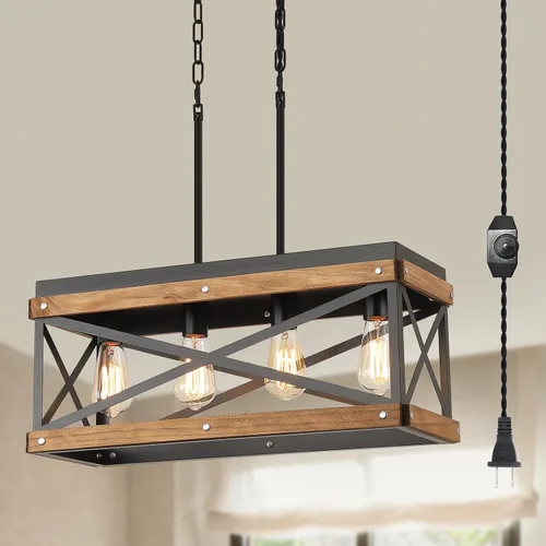 Vista 9 de Lámpara Colgante Rústica de Granja con Enchufe con Cadena Ajustable, Interruptor Regulable, Jaula de Tambor de Madera de Roble y Metal, Mini Lámpara