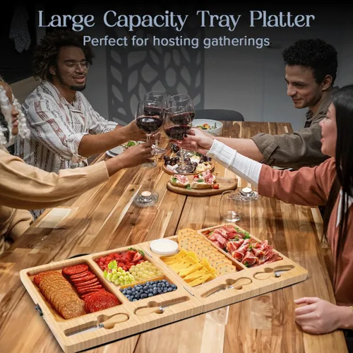 Vista 5 de Tabla de charcutería – Tabla grande de queso de bambú con juego de cuchillos magnéticos – Plato de queso de madera – Tabla de charcutería plegable