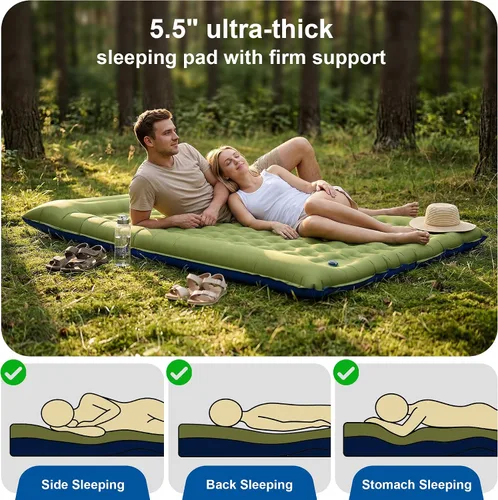 Vista 3 de Almohadilla doble para acampar de 5.5 pulgadas, ultra gruesa con Colchón para dormir, compacto para 2 personas, portátil, para mochileros Verde