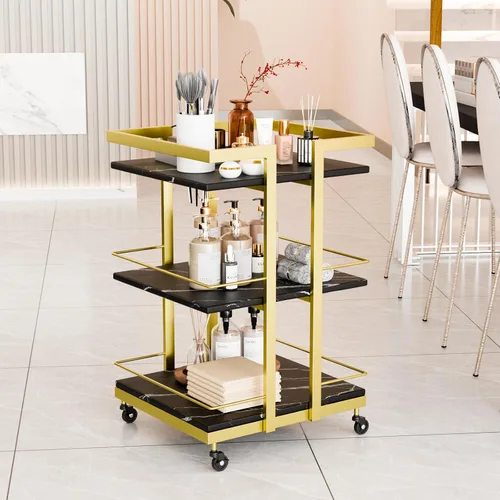 Vista 8 de Carrito de esteticista con ruedas, carrito rodante utilitario para salón, organizador de almacenamiento móvil negro dorado para belleza, spa