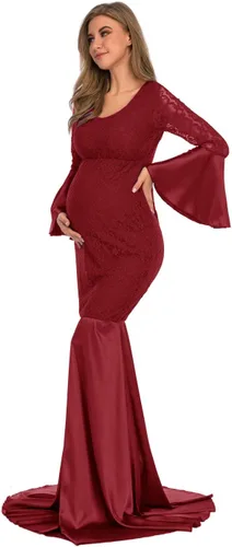 Vista 4 de ZIUMUDY Vestido ajustado de encaje de maternidad de manga larga maxi sirena fotografía vestido baby shower sesión de fotos