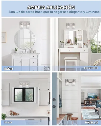 Vista 5 de Lámparas de baño, lámpara de tocador de 2 luces de níquel cepillado, apliques de pared modernos con pantalla de vidrio transparente para pasillo