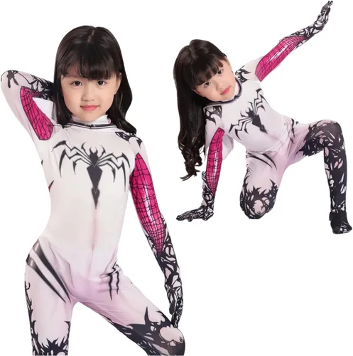 Vista 8 de LG LOUIS GARDEN Disfraz de araña para niños, estilo 3D, traje de araña blanca, overol con máscara para fiesta de Halloween, cosplay, traje para niñas