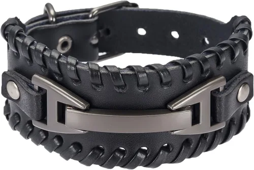 Vista 2 de Hamoery Men Leather Bracelet Punk Braided Rope Alloy Bracelet Bangle Wristband