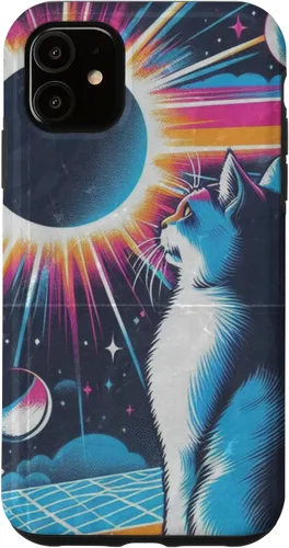 Vista 5 de iPhone 15 Cat Solar Eclipse - Synthwave Retro Poster Style Case