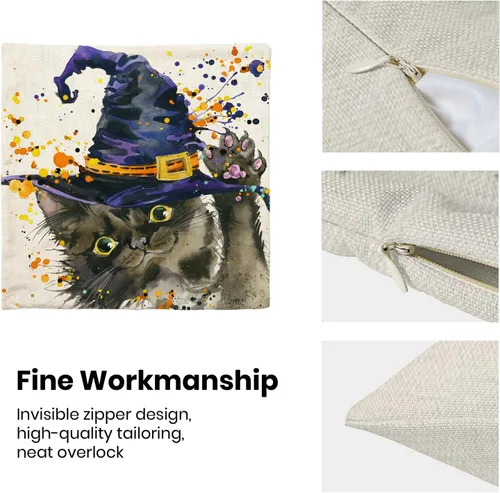 Vista 5 de Juego de 2 fundas de almohada de Halloween de 18 x 18 pulgadas, fundas decorativas de Halloween con sombrero de gato y bruja, fundas de almohada