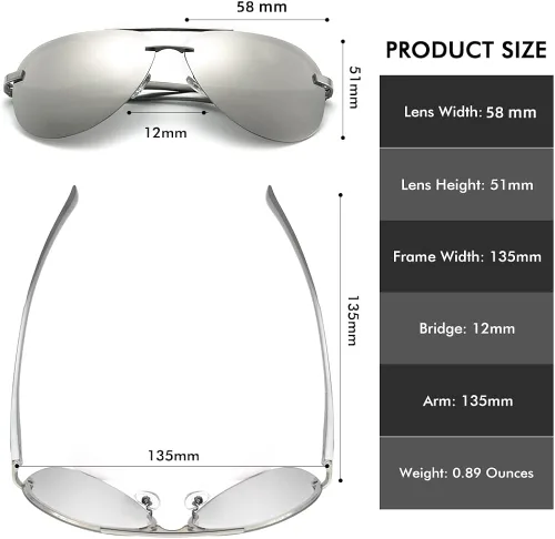 Vista 5 de Crabegg Gafas de sol polarizadas de aviador para hombres y mujeres, protección UV 400, 2.480in, lente espejo sin montura para pesca y conducción