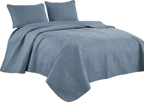 Vista 8 de Chezmoi Collection Austin - Juego de colcha tamaño matrimonial/doble, colcha de microfibra ligera acolchada Pinsonic de 3 piezas, color azul grisáceo
