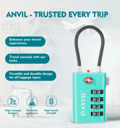 Vista 4 de ANVIL Cerraduras de equipaje de 4 dígitos, cerraduras TSA para equipaje, núcleo avanzado TSA008, indicador de alerta para tu cerradura de viaje