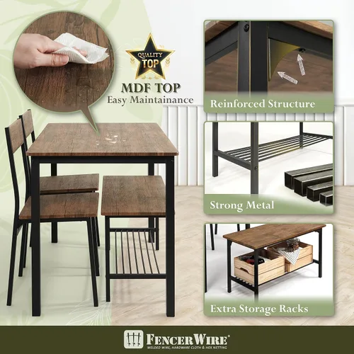Vista 4 de Fencer Wire Juego de mesa de comedor de 4 piezas para 4 piezas con banco y sillas, mesa rectangular, banco y dos sillas, juego de comedor que ahorra