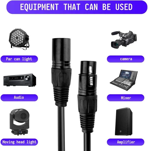 Vista 4 de Cable DMX de 10 pies, paquete de 10 cables flexibles de señal XLR macho a hembra, adecuado para señal de iluminación de escenario, conexión XLR
