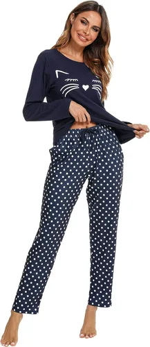 Vista 4 de Homimor Cotton Pajamas For Women, Long Sleeve Sleepwear with Long Pants, Cat Printed Pj Loungewear Sets, PJ Set for Women