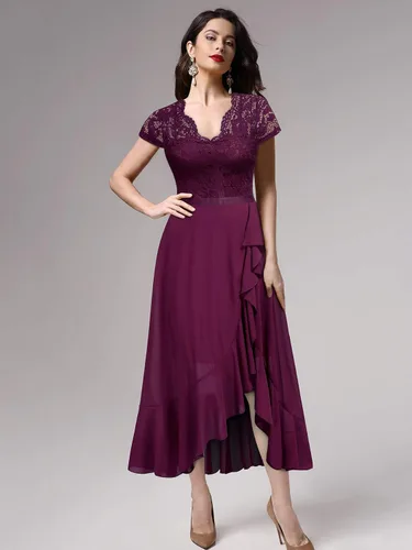 Vista 3 de Miusol - Vestido largo elegante para mujer, con volantes, encaje y cuello en V, ideal para damas de honor