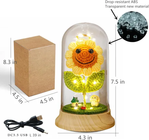 Vista 6 de Regalos de girasol de ganchillo para mujeres, regalos de cumpleaños de flores de sol artificiales para abuela, en cúpula de plástico girasol