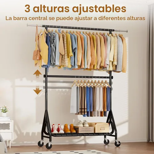 Vista 2 de Perchero de ropa con doble varilla, resistente para colgar ropa con carga de 560 libras, percheros de metal con ruedas, estantes para colgar ropa