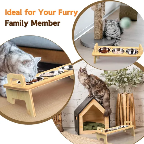 Vista 13 de Tazón Elevado de Comida para Gatos, 3 Cuencos Elevados de Acero Inoxidable para Gatos con Soporte, Cuenco Inclinado 15° para Perros Pequeños