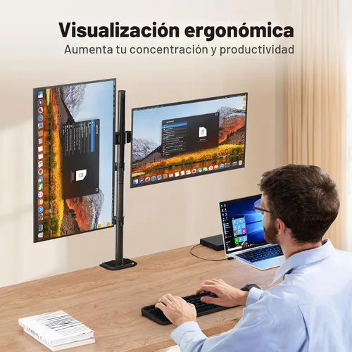 Vista 5 de Suptek Soporte de escritorio para monitor doble, brazo de monitor doble ajustable para 2 pantallas de computadora de hasta 27 pulgadas, poste extra