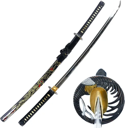 Vista 9 de Makoto Espada Katana Samurái negra forjada a mano de 41 pulgadas, pintada a mano, vaina negra de alto brillo