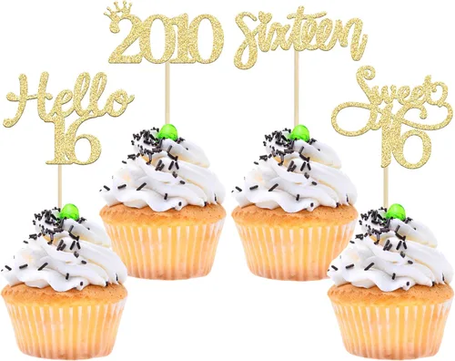 Vista 58 de Gyufise Paquete de 24 adornos negros para cupcakes de 10.º cumpleaños con purpurina negra 10 Ten Hello 10 Dights dobles desde 2015 para decoraciones