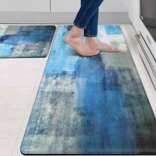 Vista 15 de MAYHMYO Juego de 2 tapetes de cocina antifatiga, diseño de mármol y azul, alfombrillas acolchadas y antideslizantes