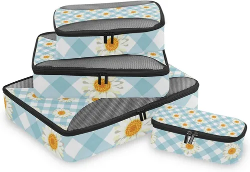 Vista 2 de Juego de 4 cubos de equipaje de viaje, juego de organizadores de equipaje para hombres y mujeres, margaritas florales a cuadros