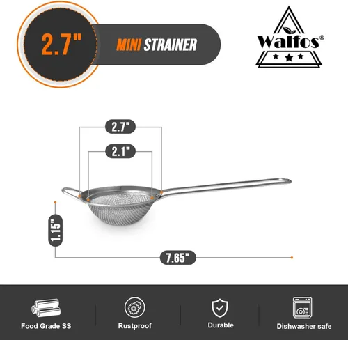 Vista 5 de Walfos Pequeño colador de té de malla fina, mini tamiz de acero inoxidable con asa, coladores de metal de cocina de 2.7 pulgadas para té, jugos
