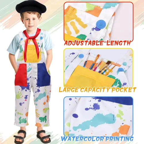 Vista 4 de Tacobear Disfraz de artista para niños con overol, boina, pajarita para barba, cepillo de cubo de pintura, traje de día de la carrera de Halloween