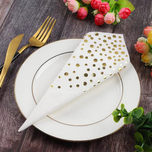 Vista 3 de Paquete de 120 servilletas de papel de aluminio dorado con lunares blancos y dorados, toallas de mano desechables metálicas para boda, baby shower