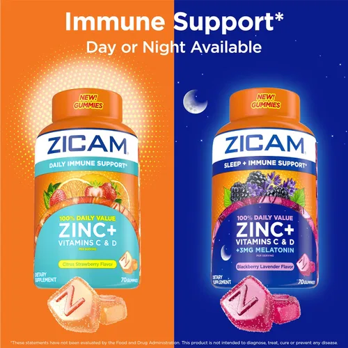 Vista 5 de Zicam Apoyo inmunológico diario, suplemento de gomita, zinc, vitamina C y vitamina D, sabor cítrico y fresa, 70