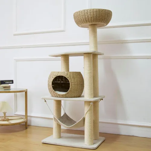 Vista 7 de Árbol de ratán de 56.7 pulgadas de alto para gatos de interior, torre de madera para gatos de varios niveles con postes rascadores, muebles